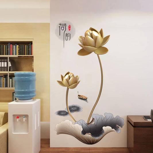 Elegant Golden Lotus Wall Sticker 3D Self-Adhesive Floral Art for Living Room & Bedroom.