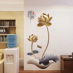Elegant Golden Lotus Wall Sticker 3D Self-Adhesive Floral Art for Living Room & Bedroom.