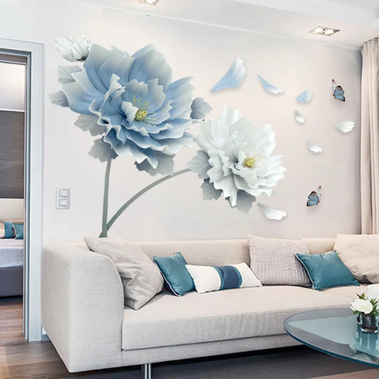 Elegant Floral & Butterfly Wall Sticker Create a Charming Living Room Accent with Light Blue & White Blooms.
