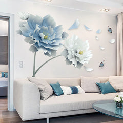 Elegant Floral & Butterfly Wall Sticker Create a Charming Living Room Accent with Light Blue & White Blooms.