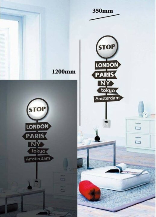 LED Stop Sign Wall Light with Travel Themed Sticker Unique Home Décor.