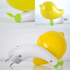 Cute yellow bird plug-in LED night light for bedside illumination.