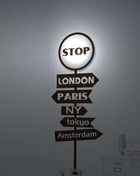LED Stop Sign Wall Light with Travel Themed Sticker Unique Home Décor.