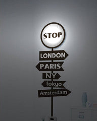 LED Stop Sign Wall Light with Travel Themed Sticker Unique Home Décor.
