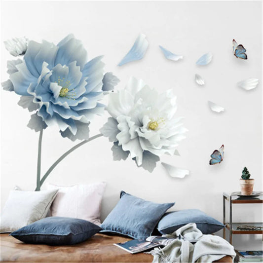 Elegant Floral & Butterfly Wall Sticker Create a Charming Living Room Accent with Light Blue & White Blooms.
