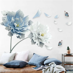 Elegant Floral & Butterfly Wall Sticker Create a Charming Living Room Accent with Light Blue & White Blooms.