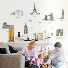 Famous World Landmarks Travel Sketch Watercolor Removable Vinyl Wall Sticker