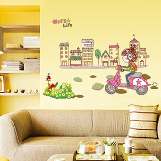 Girl On Bike In City Wallpaper Sticker, Creative PVC Wall Sticker For Kids Room Decoration  Colorful Wall Art Decal