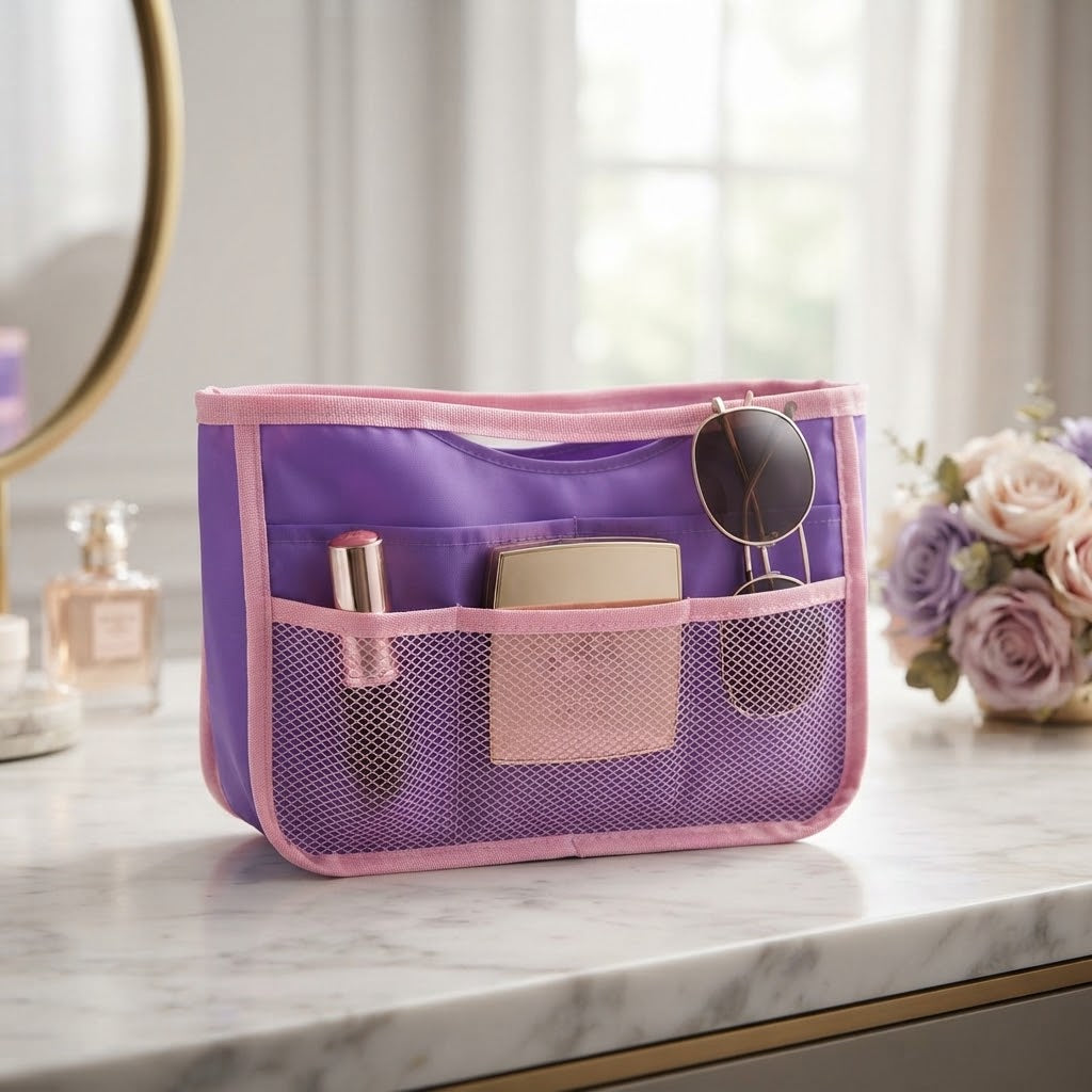 Multi Pocket Purple and Pink Mesh Handbag Travel Storage Organizer