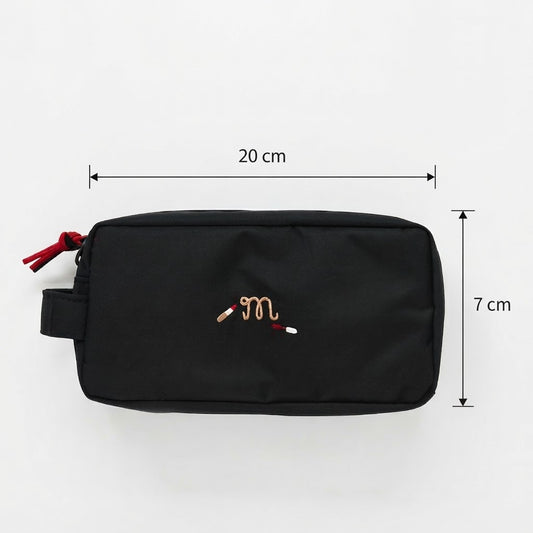 Black embroidered cosmetic travel pouch organizer bag for daily essentials.
