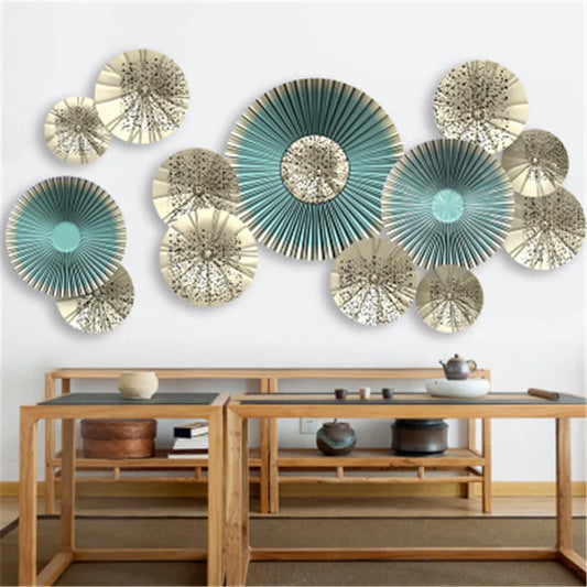 Chinese Oil Paper Umbrella Wall Sticker Blue Round Fan Design Elegant Self-Adhesive Mural for Living Room & TV Backgrounds