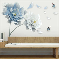 Elegant Floral & Butterfly Wall Sticker Create a Charming Living Room Accent with Light Blue & White Blooms.