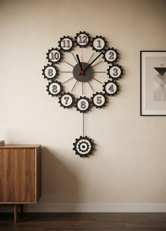 Industrial Gear Wall Clock with Pendulum Steampunk Home Decor