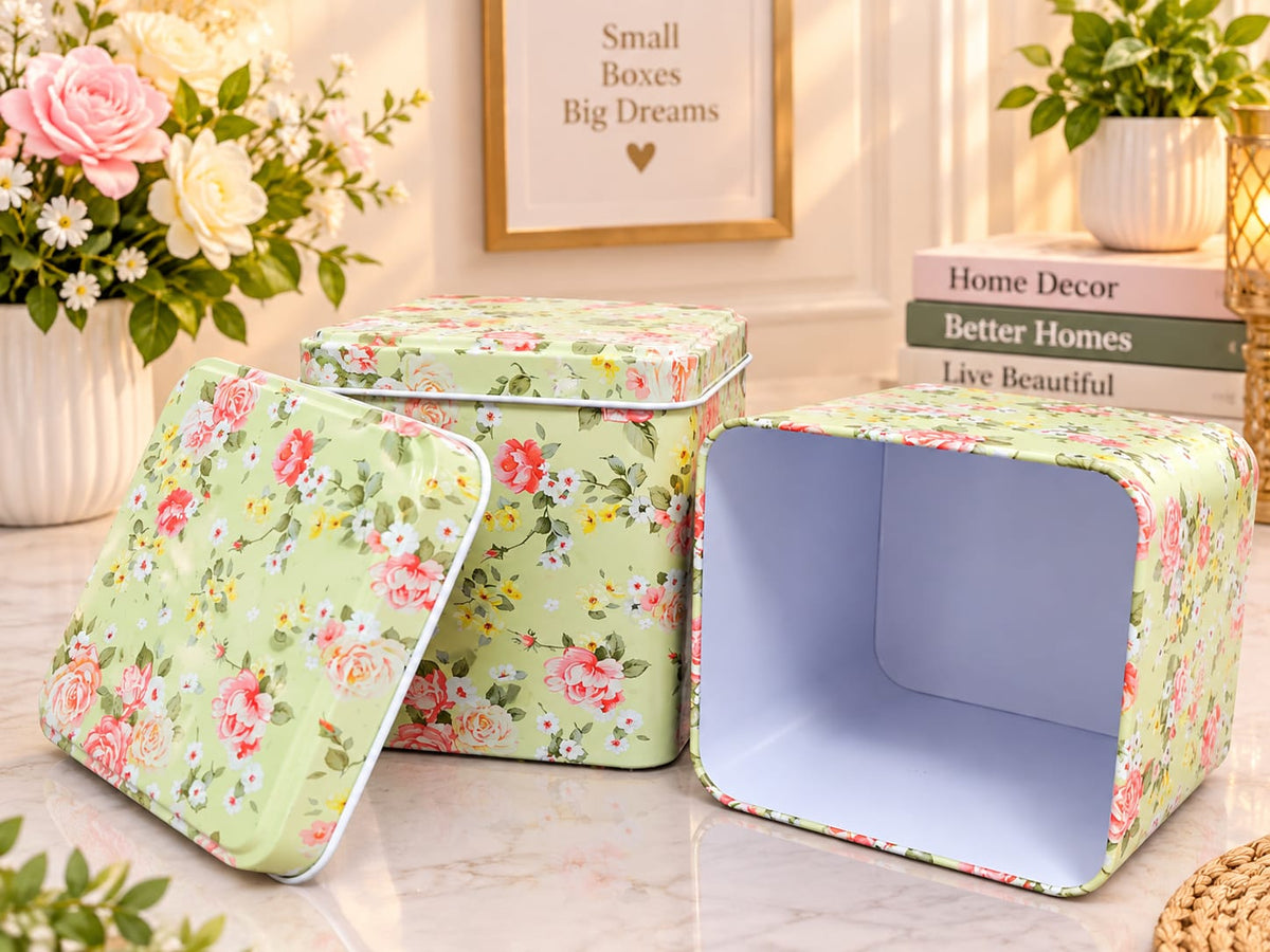 Vintage Floral Square Metal Storage Tin Canister with Matching Lid