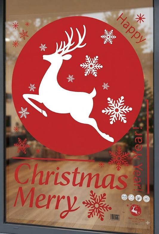 Christmas Reindeer Red Circle Snowflake Window Wall Sticker Decal
