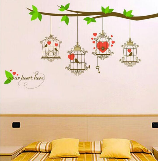 Floral Branch With Bird Cages Wall Sticker JM-7294 Birds And Heart Wall Paper  PVC Removeable Wall Art Decor