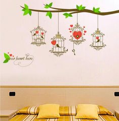 Floral Branch With Bird Cages Wall Sticker JM-7294 Birds And Heart Wall Paper  PVC Removeable Wall Art Decor