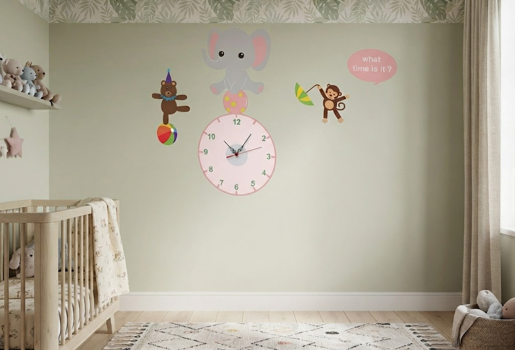 Cute Animal Circus Elephant And Monkeys Kids Wall Clock