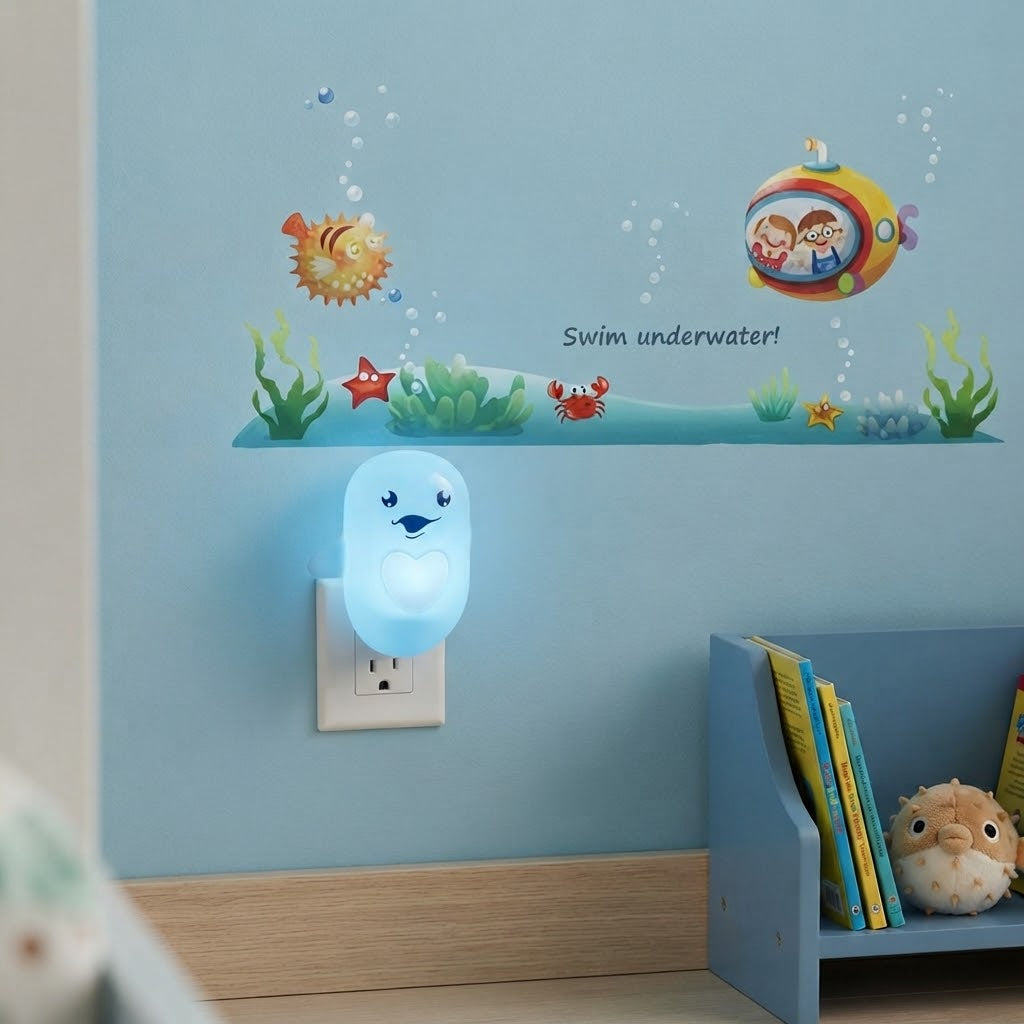 Night Elves Dolphin cartoon plug-in LED night light lamp.