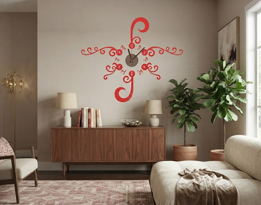 Elegant Red Floral Swirls Wall Clock Vinyl Sticker Decal