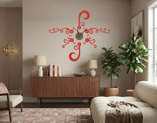 Elegant Red Floral Swirls Wall Clock Vinyl Sticker Decal