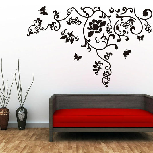 Black Floral Vine and Butterfly Wall Sticker for Living Room