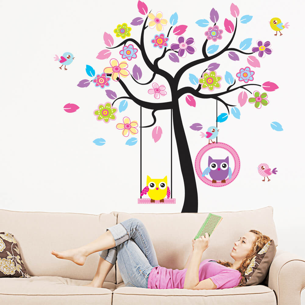 Colorful Cartoon Wall Sticker Sheet – Fun Floral & Bird Designs