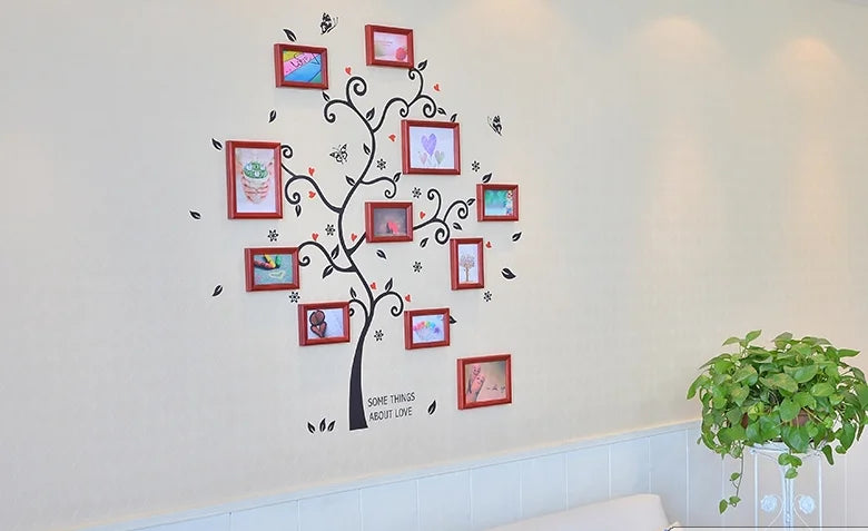 DIY Pure Wooden Photo Frames With Beautiful Tree Wall Sticker