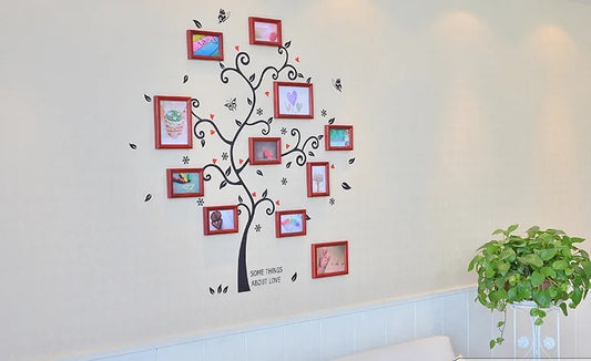 DIY Pure Wooden Photo Frames With Beautiful Tree Wall Sticker