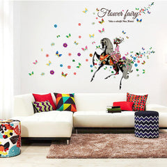 Flower Fairy Girl Riding Horse with Colorful Butterflies Wall Decal