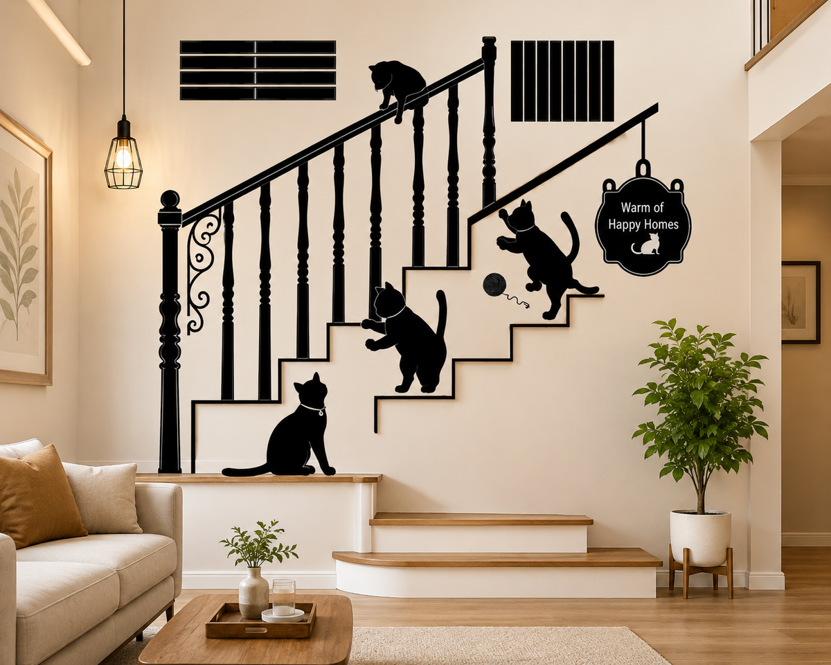 Playful Black Cats On Staircase Railing Removable Wall Sticker Decal