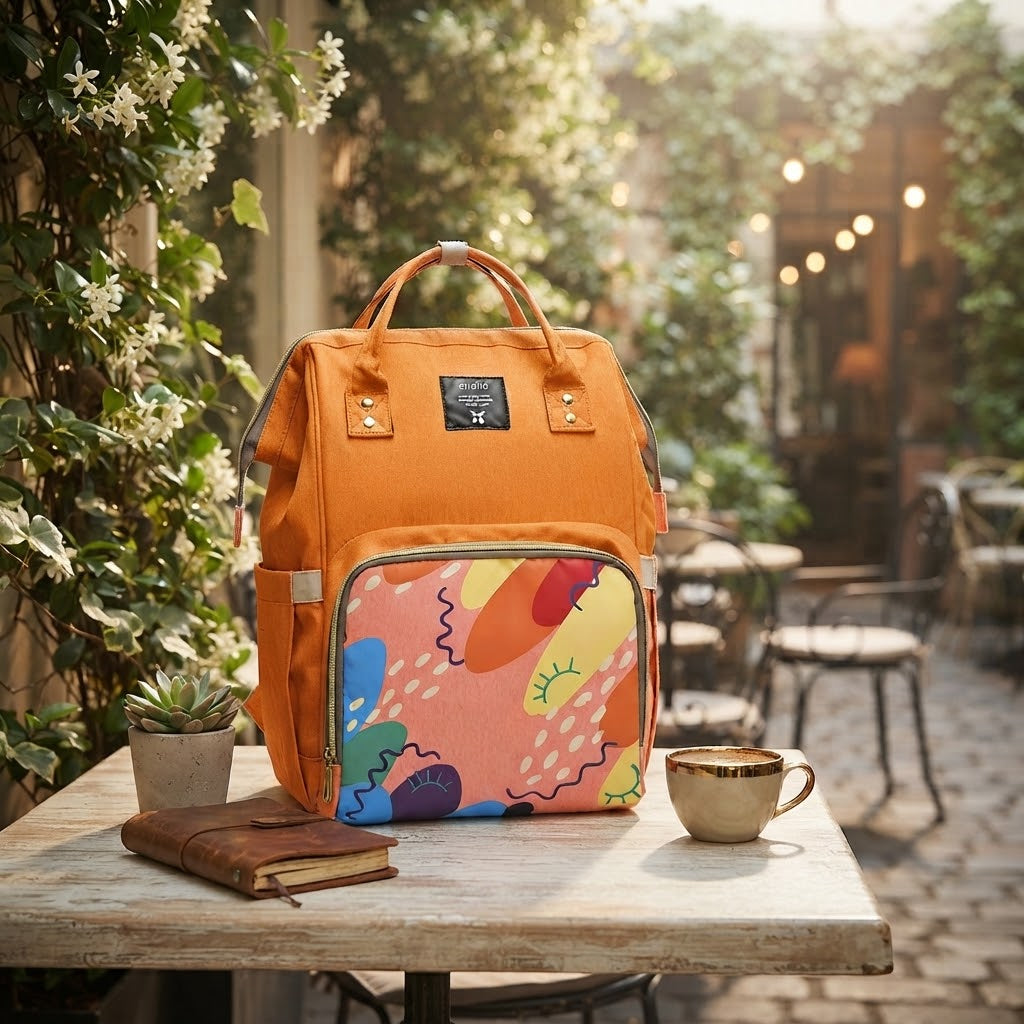 Orange Stylish Waterproof Casual Backpack with Colorful Front Pocket Design