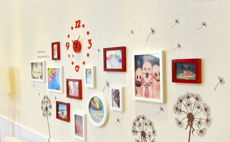 Wooden Photo Frames With Modern Acrylic Clock And Wall Sticker For Home Decoration.