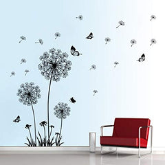 Black Dandelion Flying Seeds and Butterflies Wall Sticker Art