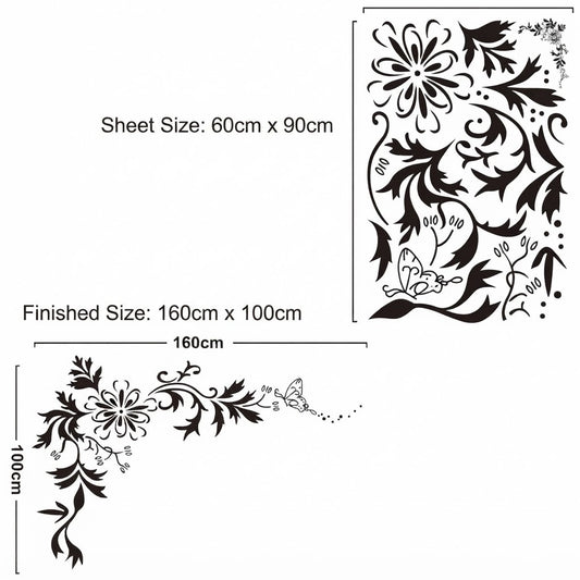 Black Floral Corner Vine and Butterfly Wall Sticker Decal