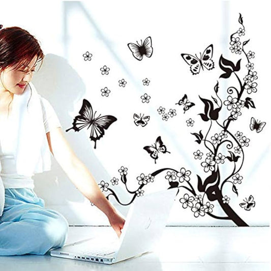 Black Floral Vine and Butterflies Wall Sticker Window Decal