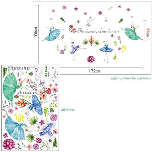 Watercolor Ballerina Dancers and Floral Wall Stickers for Room Decor