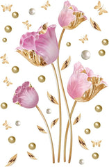 Pink and Gold Tulip Flowers with Butterflies Wall Sticker