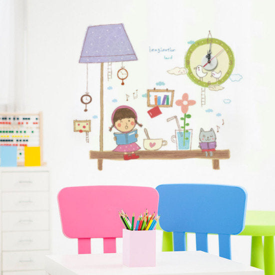 Creative Cute Girl Reading Book Theme Wall Sticker Clock