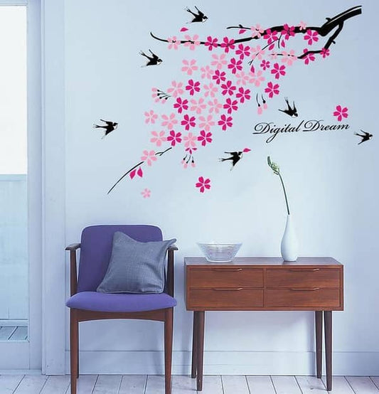 Pink Cherry Blossom Tree Branches with Flying Birds Wall Decal