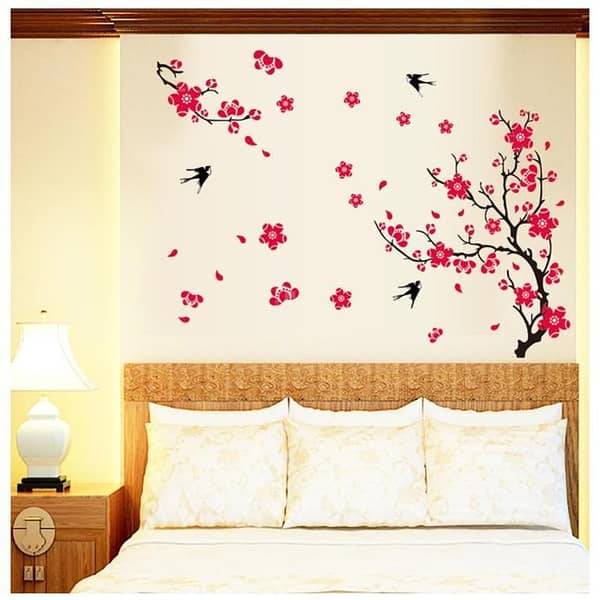 Black Cherry Blossom Tree Branches with Flying Birds Wall Decal