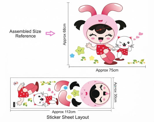 Cute Bunny Costume Girl And Cat Wall Sticker Clock
