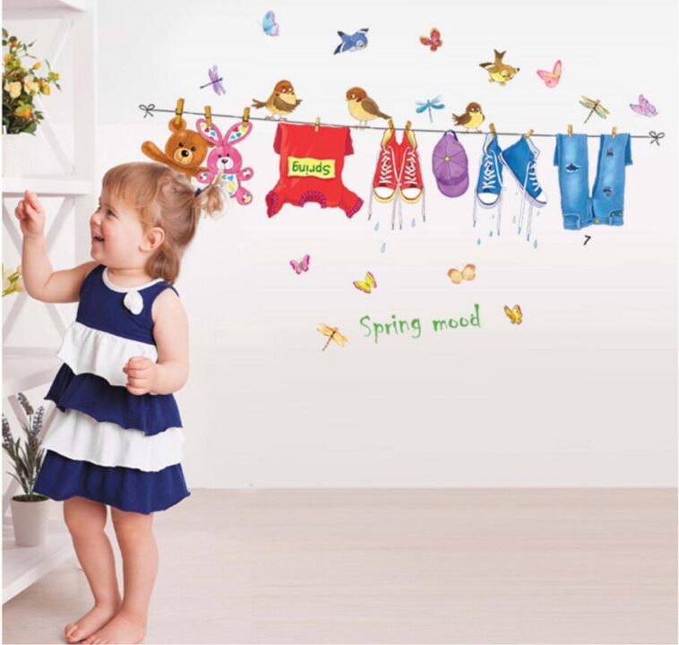 Spring Mood Wall Sticker ABC-1063 Hanging Clothes Shoes Toys Wall Paper For Kids Room Colorful Birds And Butterflies PVC Removeable Wall Decor