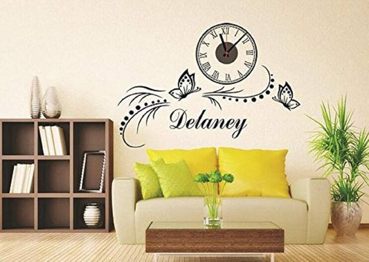 Personalized Roman Numeral Clock Butterfly Wall Sticker Custom Name Decor
