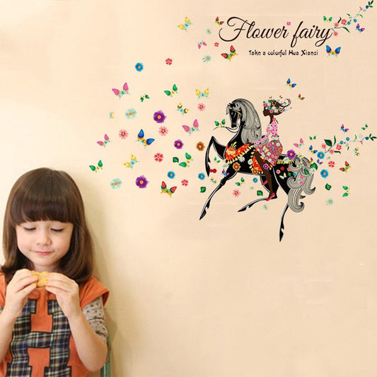 Flower Fairy Girl Riding Horse with Colorful Butterflies Wall Decal
