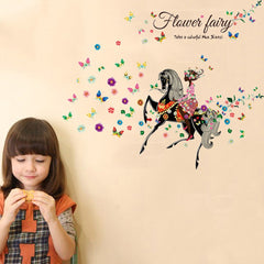 Flower Fairy Girl Riding Horse with Colorful Butterflies Wall Decal