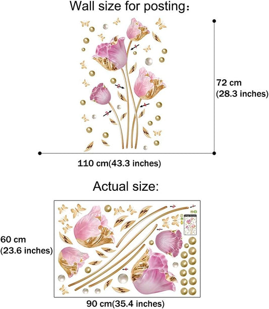 Pink and Gold Tulip Flowers with Butterflies Wall Sticker