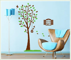 Large Tree Wall Decal with Birds, Swing, Birdhouse, Leaves Decor