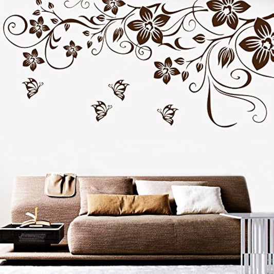 Brown Floral Vine and Butterflies Wall Sticker Decal