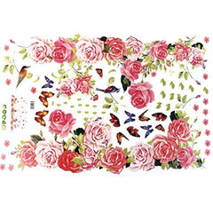 Pink Rose Floral Wall Stickers with Butterflies and Birds Décor